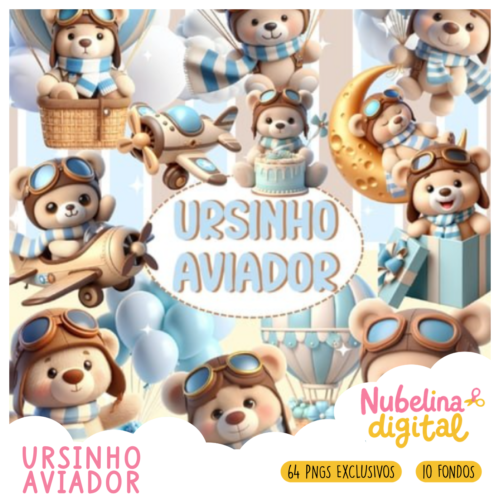 🧸 Kit Digital Ursinho Aviador ✈️☁️