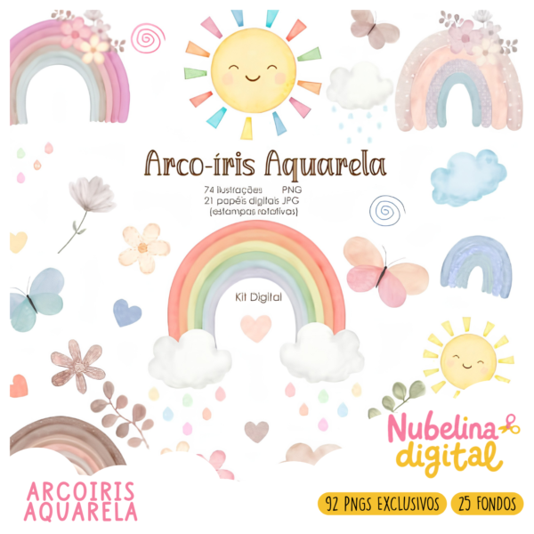 🎨✨ Kit Digital Arcoíris Aquarela 🌈